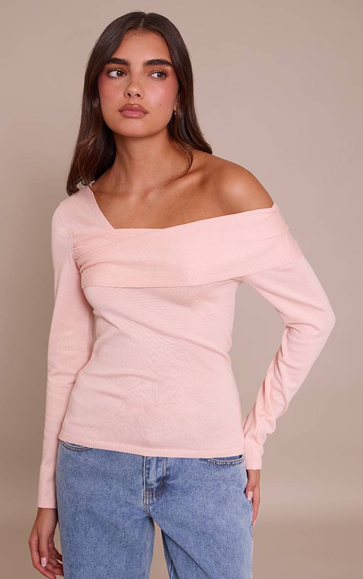 Rose Haut Tricoté Asymétrique À Épaule Dénudée Et Manches Longues