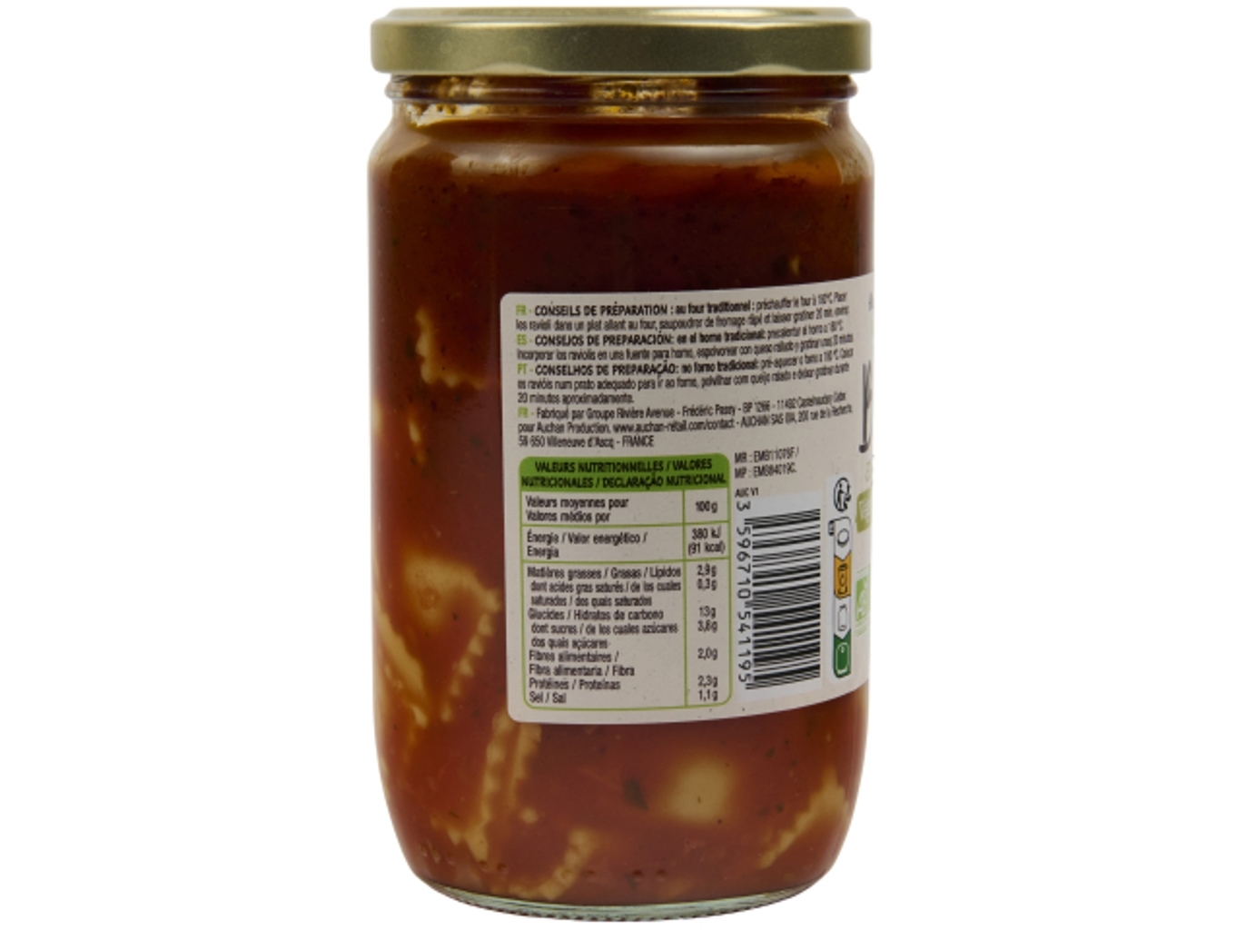 RAVIOLI AUCHAN BIO VEGETARIANO EM FRASCO 650G