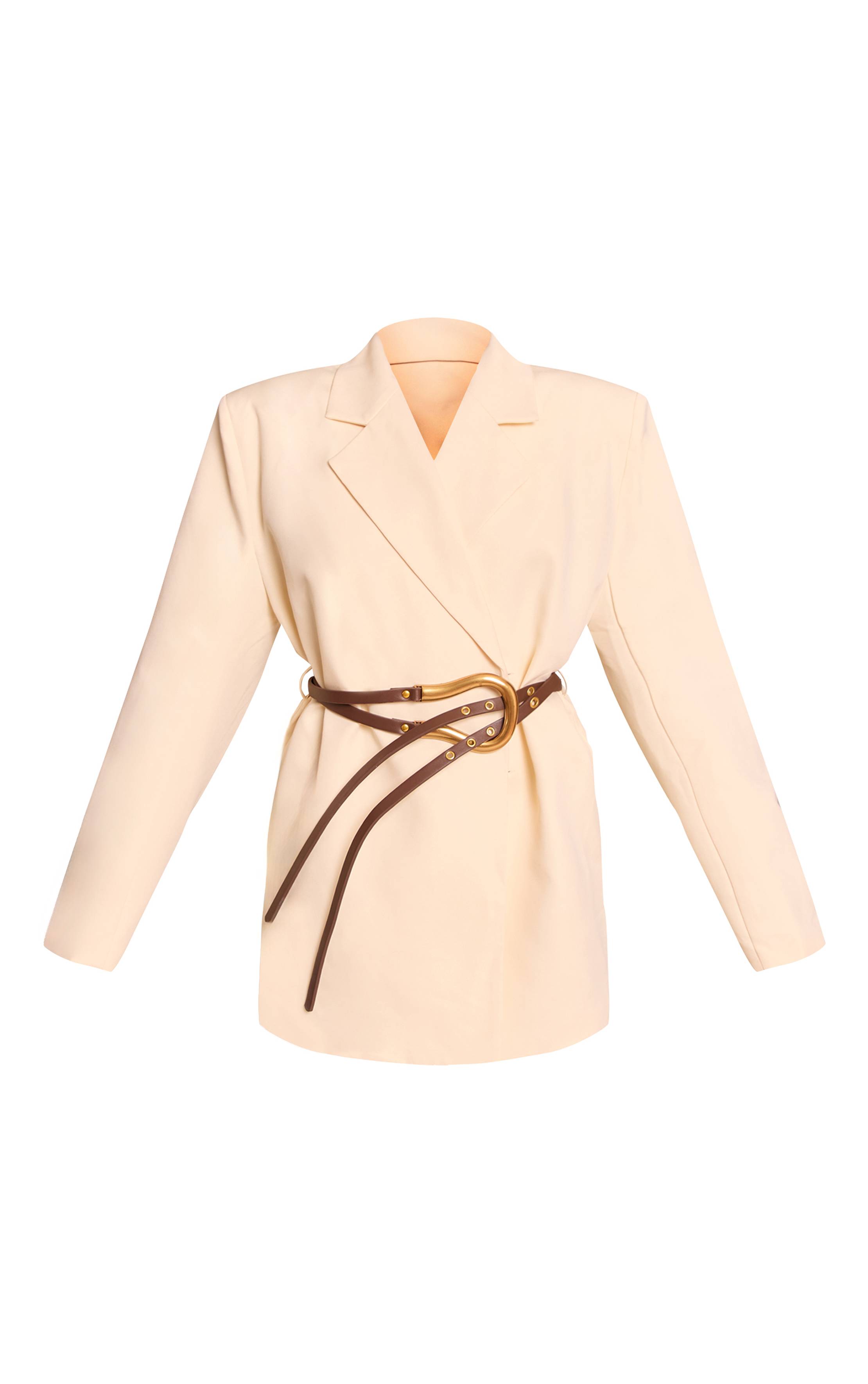 Crème Robe Blazer Ceinturée En Tissu Tissé