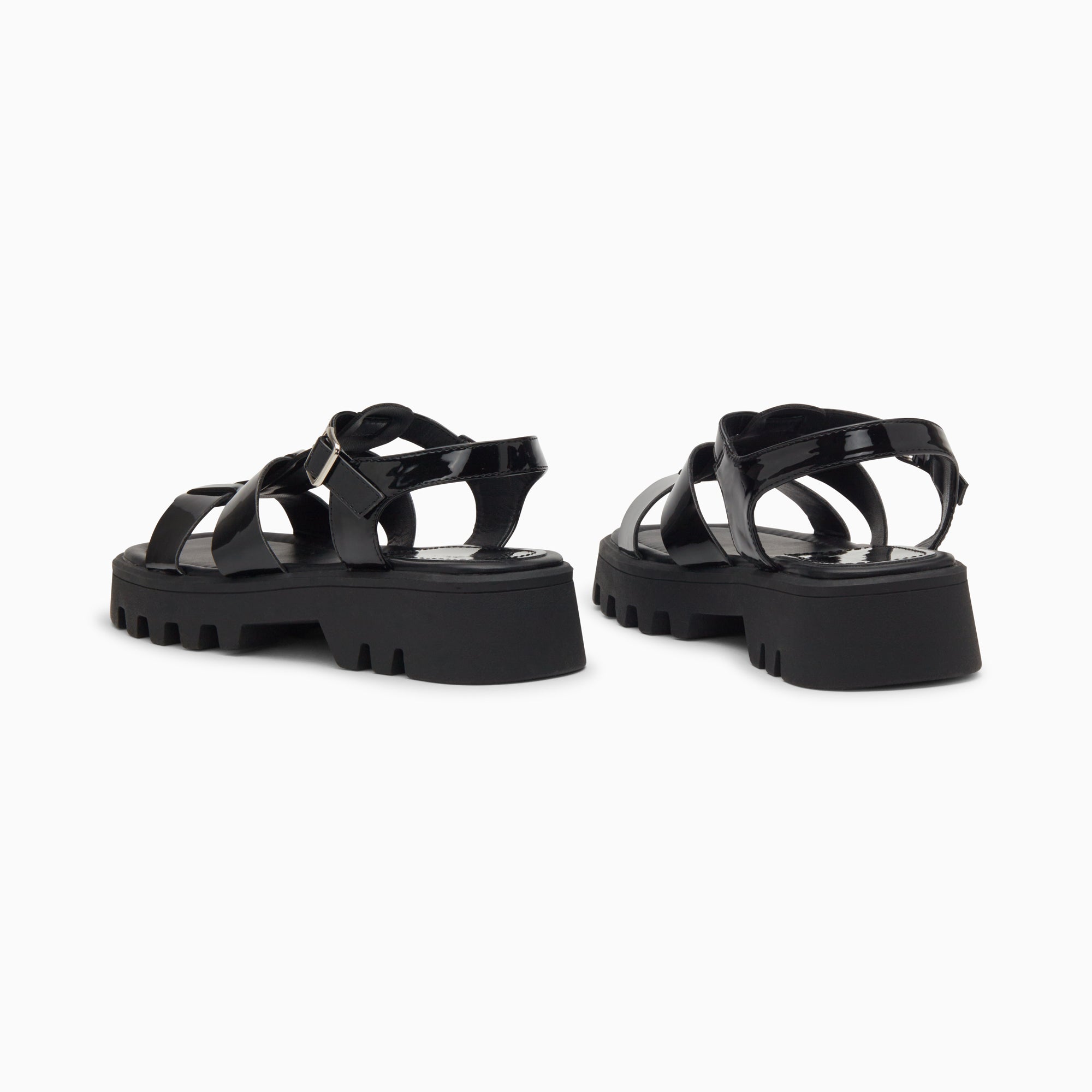 Sandales plates-Sandales Edmée noir verni à plateforme crantée