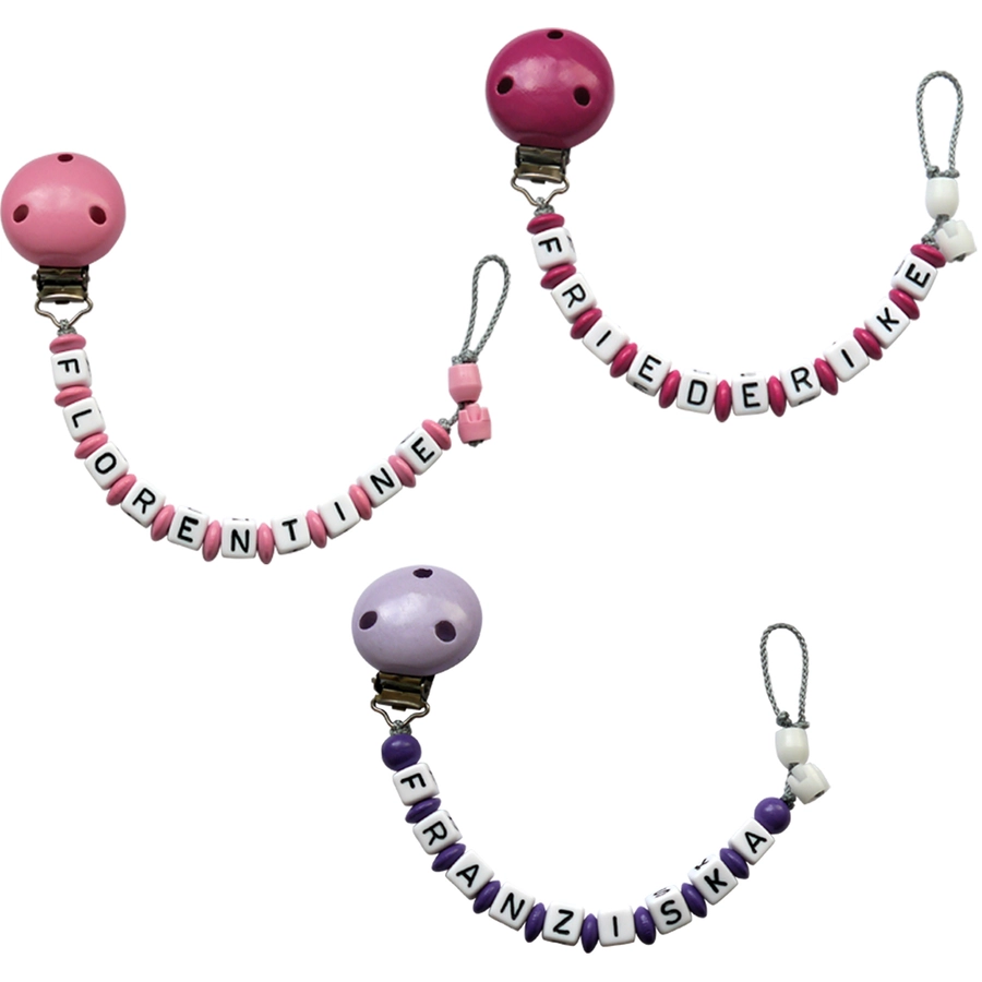 Schnullireich Schnullerkette mit Namen bis 9 Buchstaben (Lange Namen) Pink