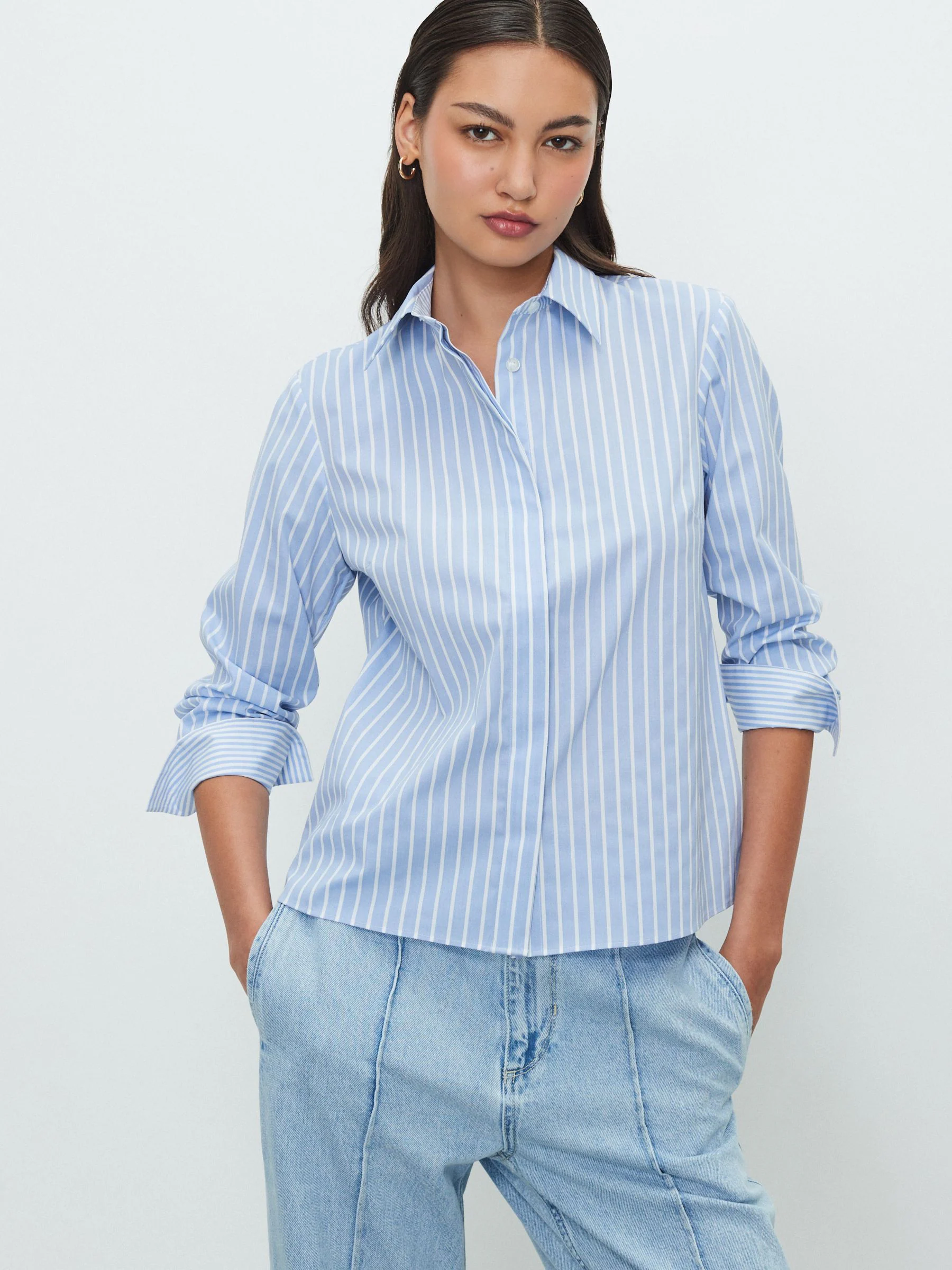 Blauw/witte streep - Fitted Stretch Essential Long Sleeve Shirt