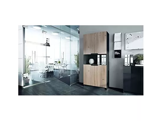 Armoire de rangement avec 5 compartiments et 4 portes, noir mat/chêne nordique (82 x 184 x 37 cm)