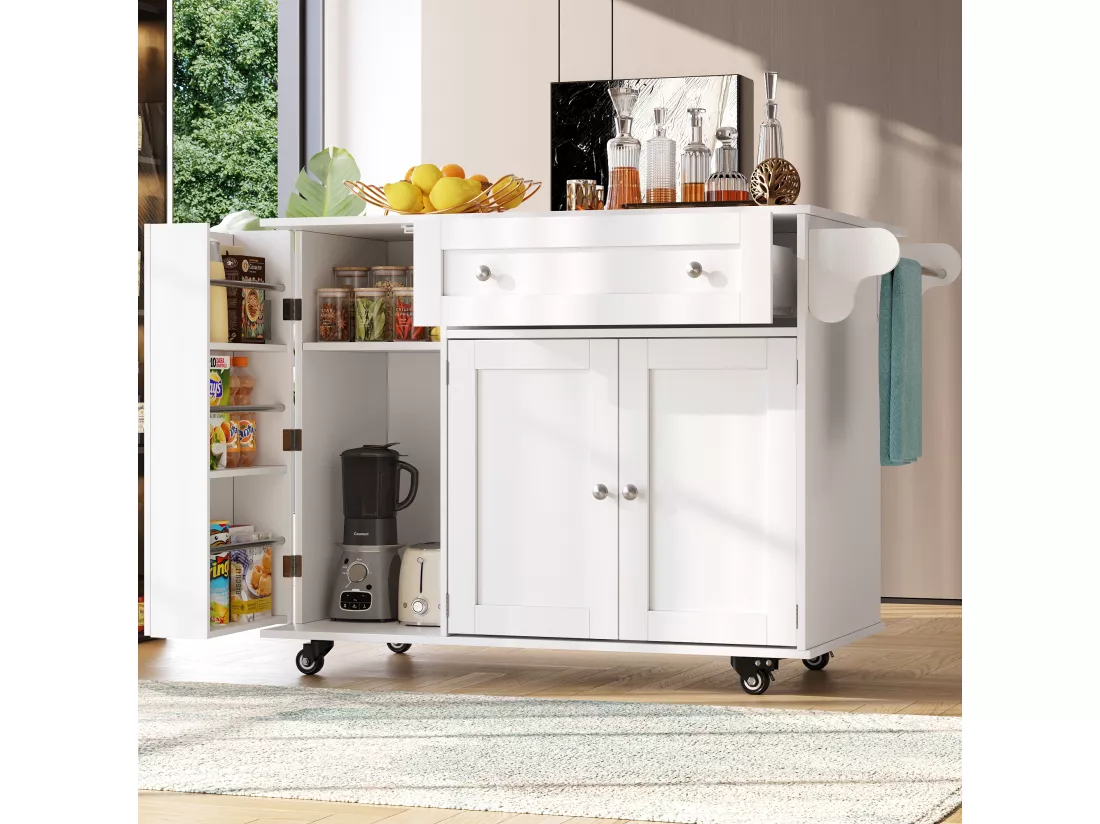Ilot central de cuisine mobile avec 3 portes et 1 tiroir - 105.5 x 40/60 x 83 cm - MDF et métal - Blanc