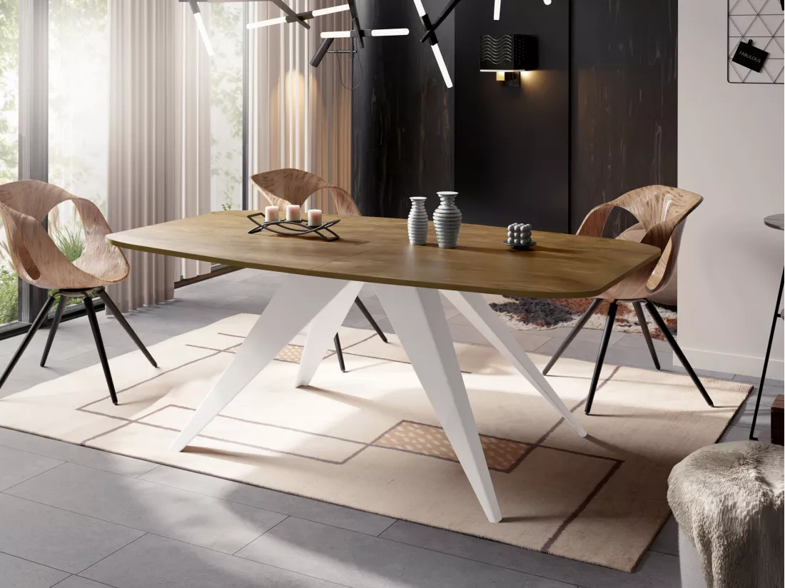 Table à Manger Extensible Style Loft - Table Industrielle Avec Pieds Métalliques Blancs - Design Moderne Pour Salon - 160 Cm Extensible à 200 Cm - Chêne Lefkas