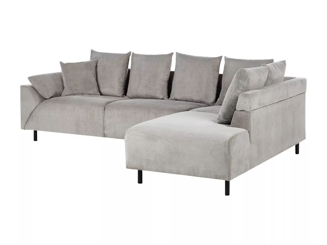 Canapé d'Angle à droite Moderne en Velours Côtelé Coussins en Tissu Pieds en Métal Gris Clair Lunner
