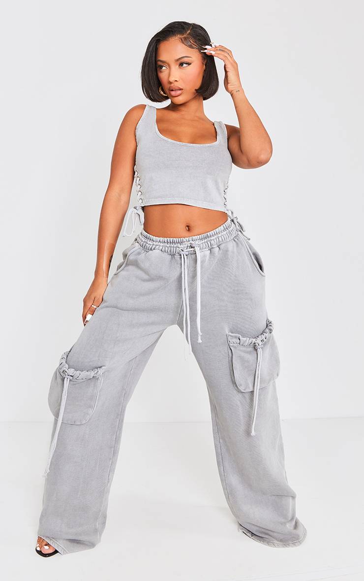 Gris Clair Jogger Large Shape À Taille Double Et Poches Détail Effet Délavé