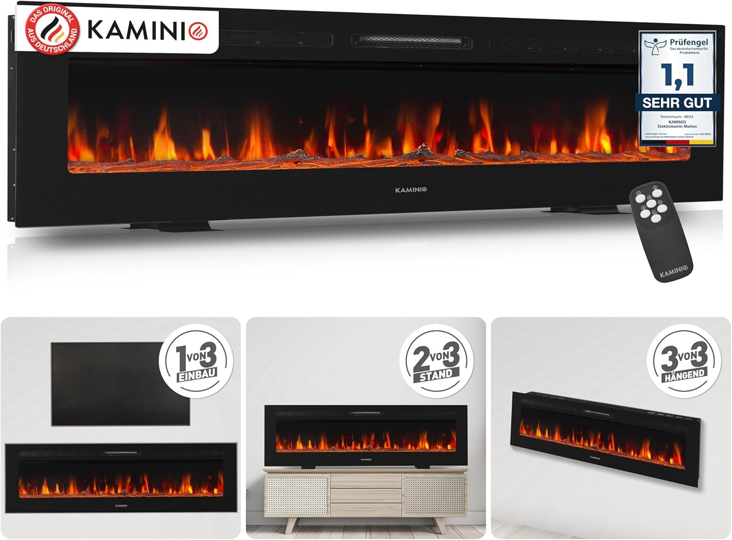 Elektrokamin Marlon - Elektrischer 3-in-1 Kamin mit Heizung, 3D-Flammeneffekt, 12 Flammenfarben, Fernbedienung (70 Zoll)