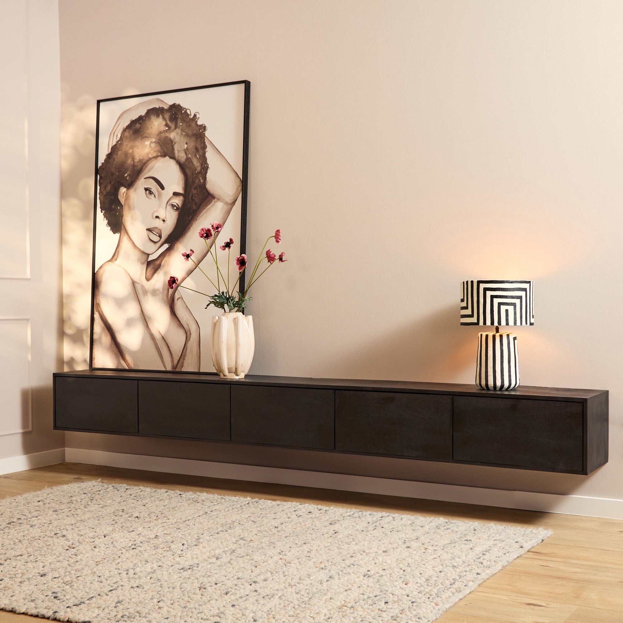 StarFurn - Zwevend Tv-meubel Zwart Hout - 280x35x30cm - Vision