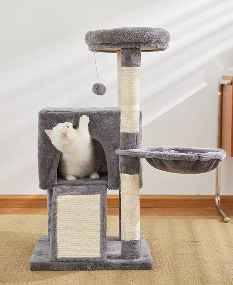 (89cm) Katzen Baum Sisal Kratzsäulen mit Häuschen / Hängematte / Aussichts Plattform / Spiel Ball - Grau