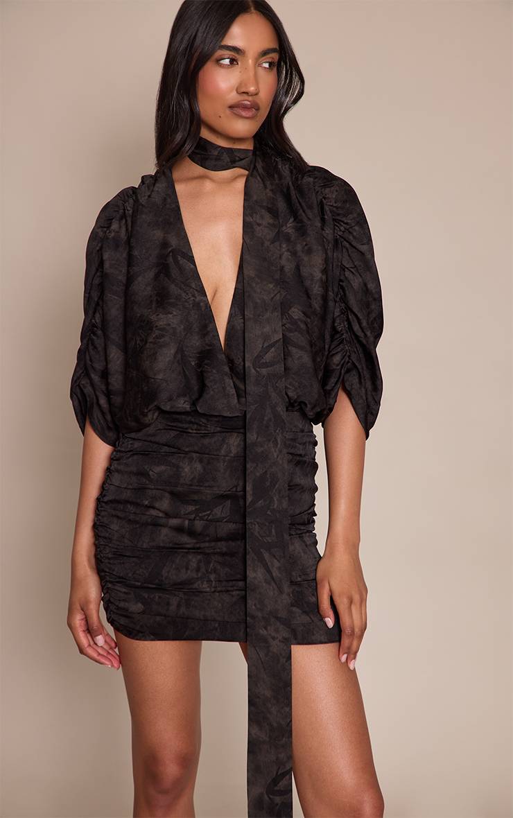 Noir Robe Mini Col V En Satin Imprimé