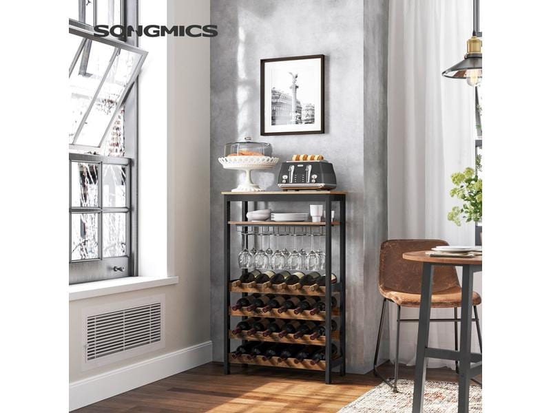 Songmics Weinregal für 24 Flaschen, aus Bambusholz Weinregal im Industrie-Design mit Glashalter