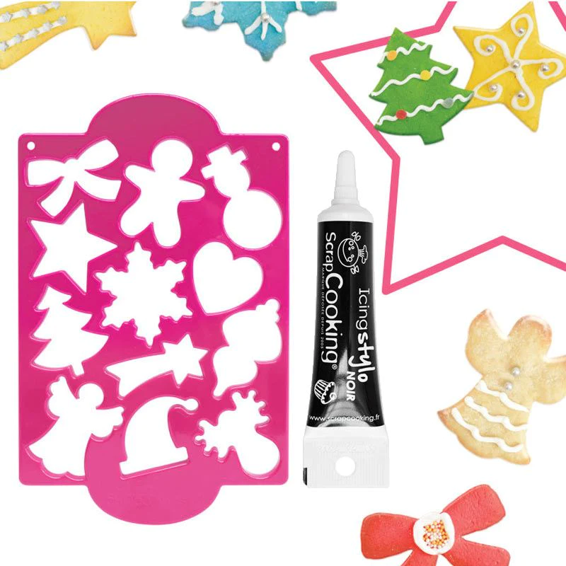 Plaque découpoirs à biscuits Noël + Stylo de glaçage noir Scrapcooking