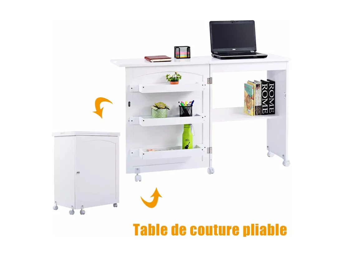 Table de Couture Pliante Meuble pour Machine à Coudre avec 3 Etagères pour Bobines et Roulettes verrouillables en Bois