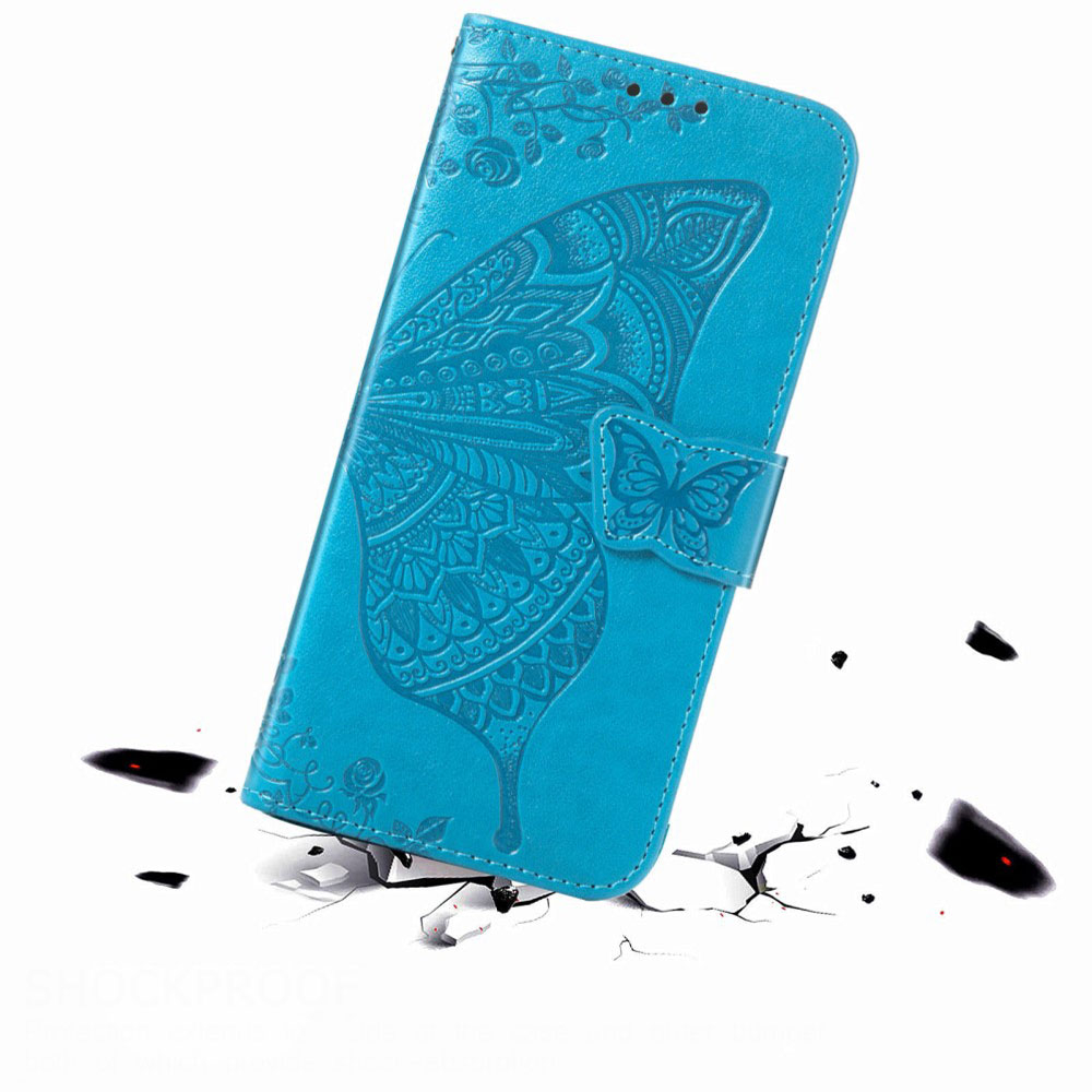 Samsung Galaxy S21 FE 5G Leder Tasche mit Kartenfach   Handschlaufe Schmetterling - Blau