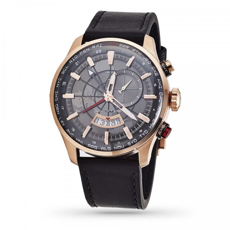 Montre Homme Foxter Avalone bracelet cuir noir, Boîtier Acier PVD Rose et fond gris - FR6043C1BC1