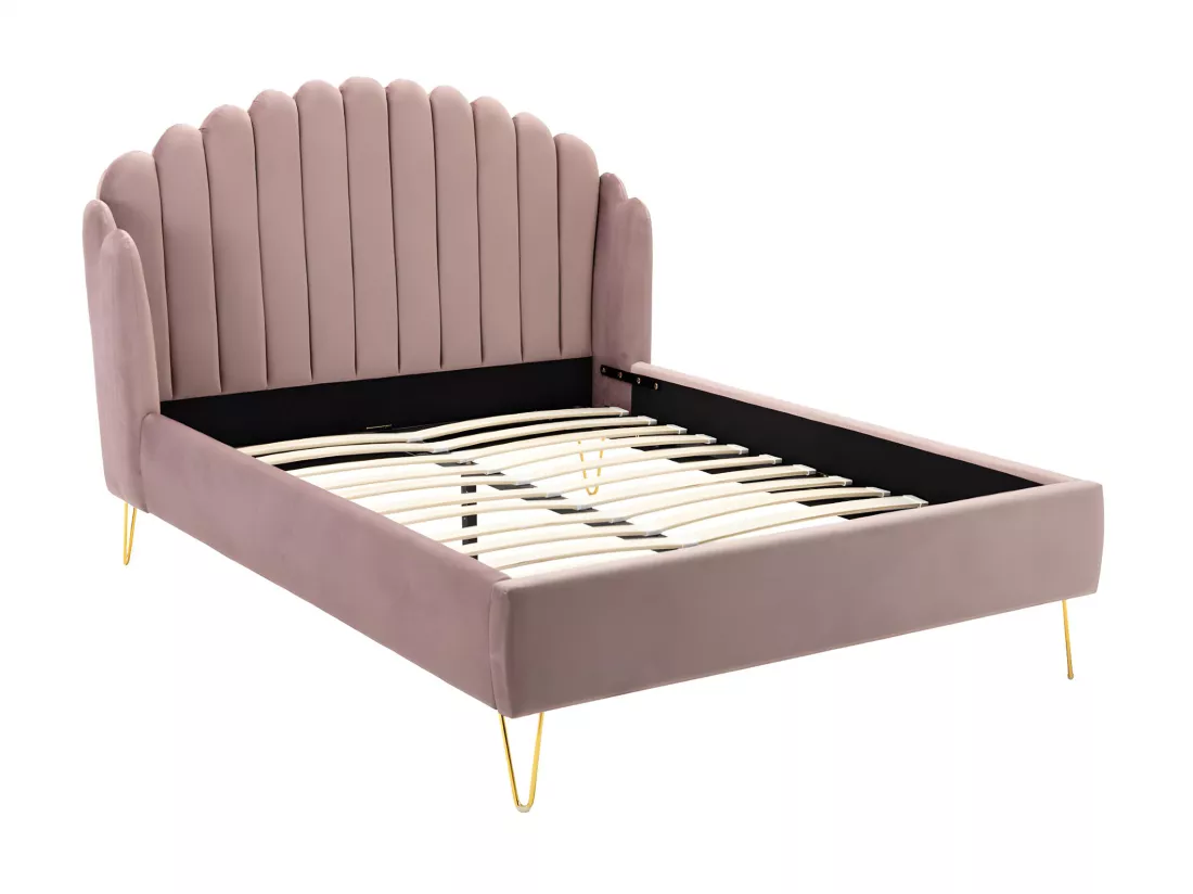 Lit 160 x 200 cm avec tête de lit ondulée - Velours - Vieux rose - SAGALI