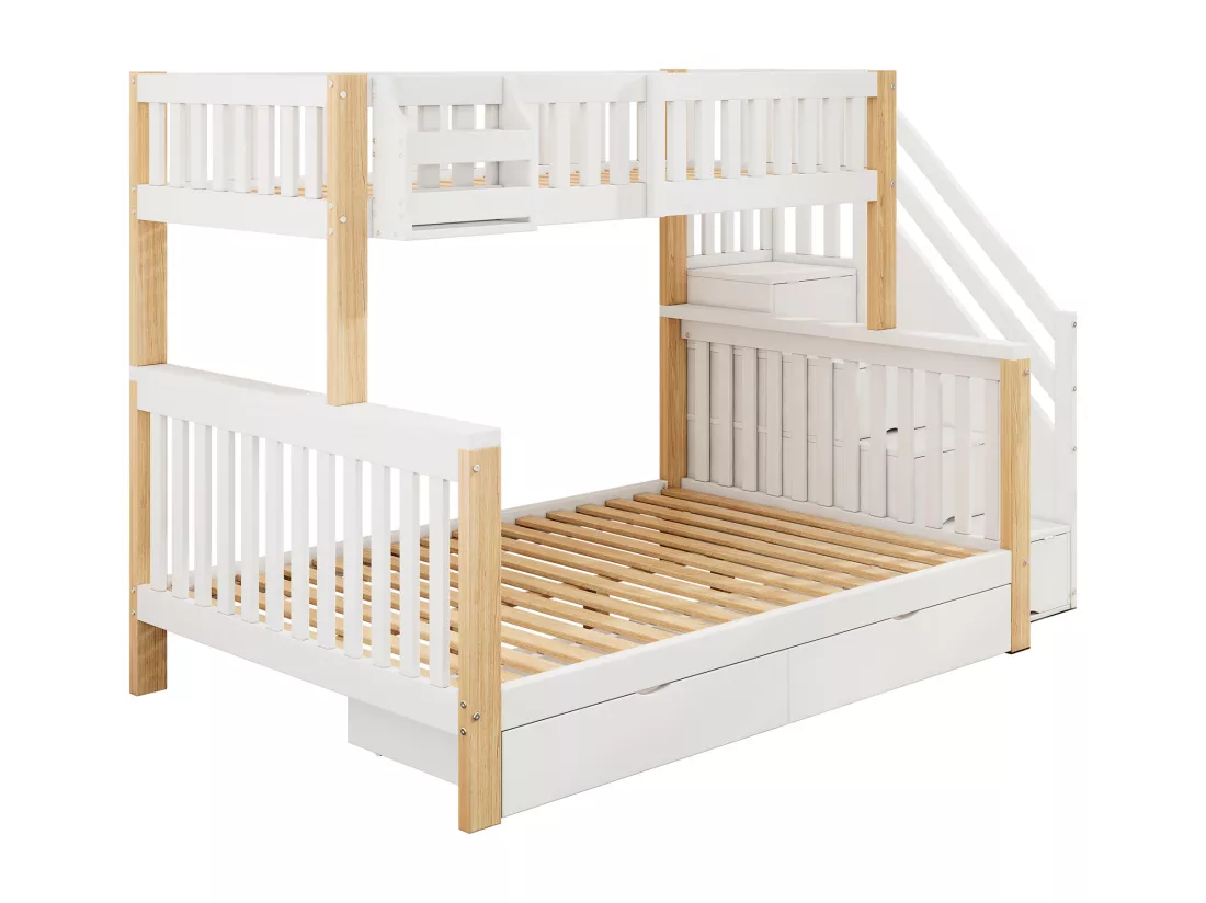Lit superposé pour enfants 90x200+140x200cm - Lit double - avec 2 tiroirs - avec armoire d'escalier - Blanc + naturel (matelas non inclus)