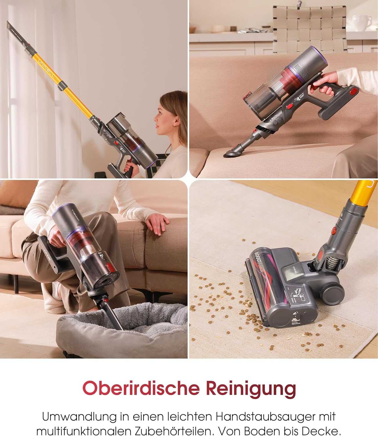 UNINELL HOME Akku Staubsauger 50000Pa/580W/70Min Upgrade, Staubsauger Kabellos Selbstladender mit LED Touchscreen/Anti-Tangle-Bürste, Selbststehend für Hartböden Teppiche Tierhaare