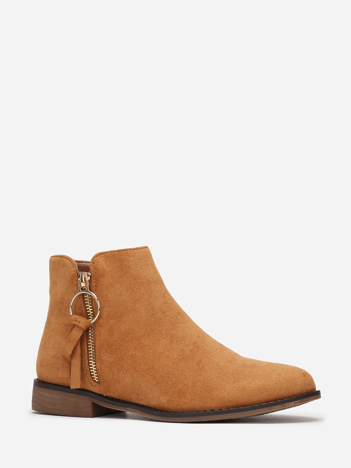 Bottines en suédine à zip décoratif- Camel