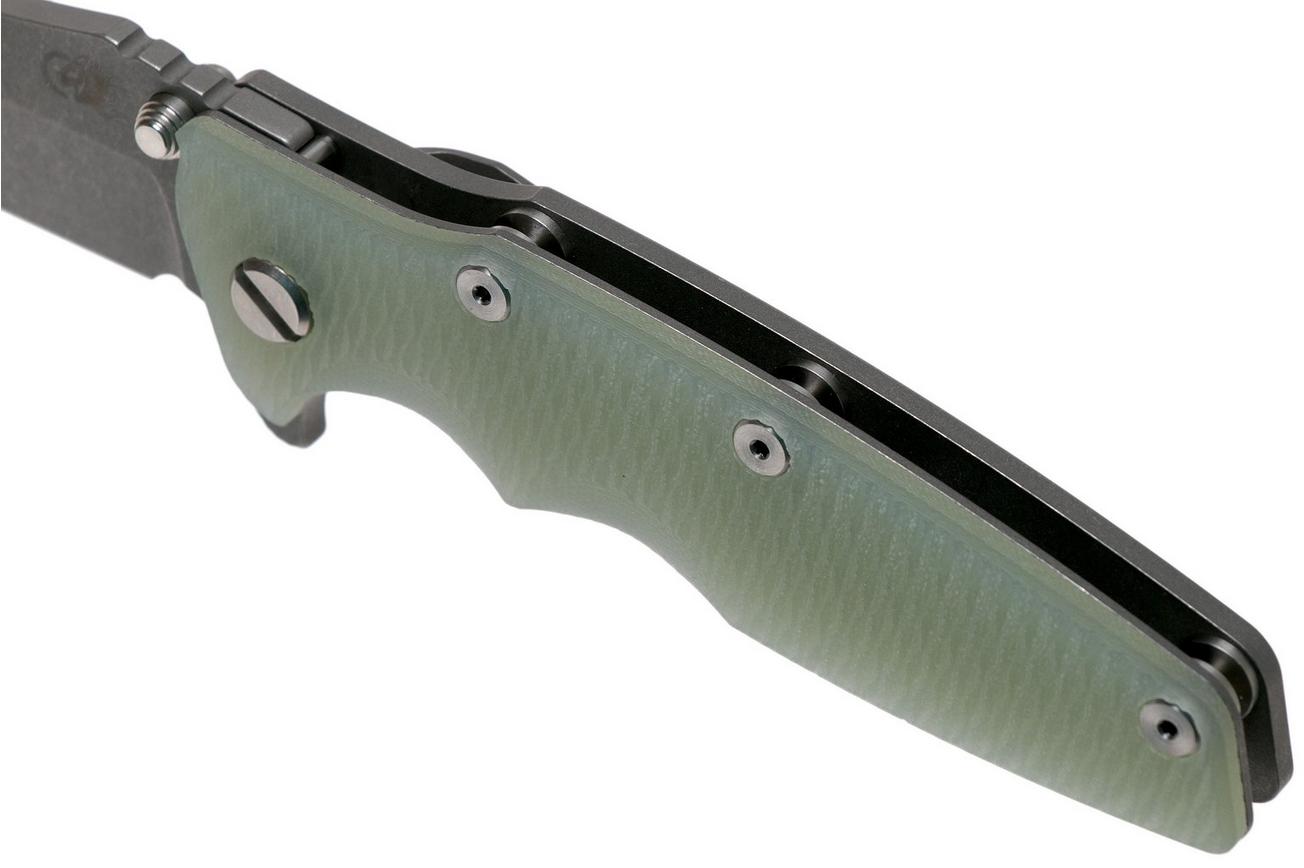 Rick Hinderer Eklipse 3.5” Tanto, CPM 20CV Working Finish, Translucent Green G10 zakmes