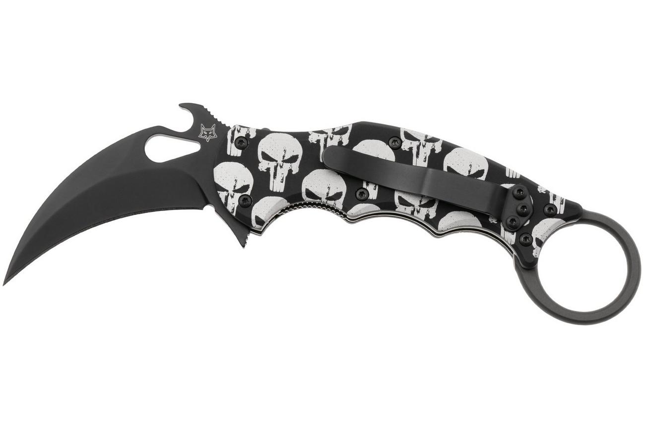 Fox FX-599 ALB-5 Skull Pattern, Black Idroglider Böhler N690Co, Engraved Aluminum, karambitmes