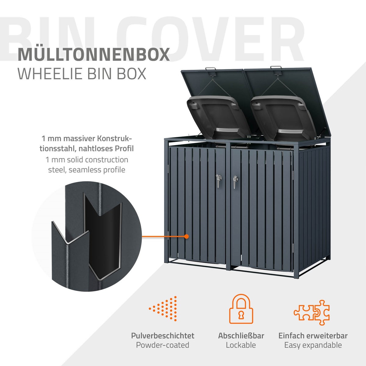 ML-Design Dubbele Bin-opslagunit voor 2 x 240L-containers, 132 x 80 x 116,3 cm, Antraciet, Staal, Weerbestendig, Afsluitbare containerbehuizing met scharnierend deksel/2 deuren, Containeropslagunit, Container, Containerdeksel