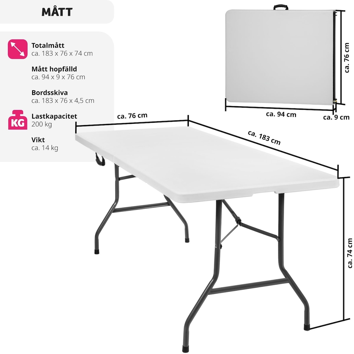Campingbord sammenleggbart - 183x76x74cm - hvit