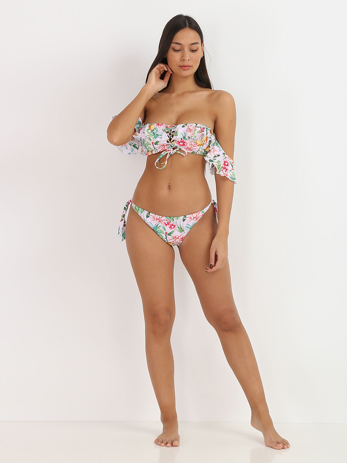 Bikini tropical à volants et laçage- Rose