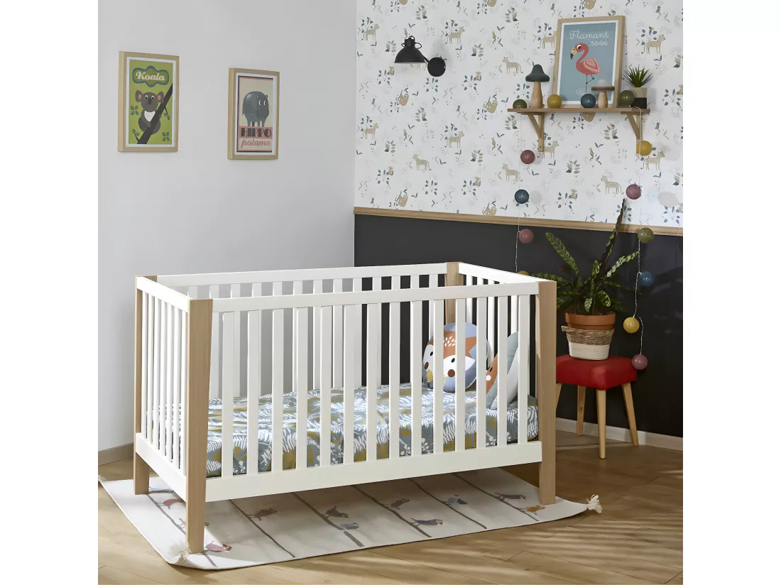 Lit bébé 70x140 cm bois massif blanc et bois OLYMPE