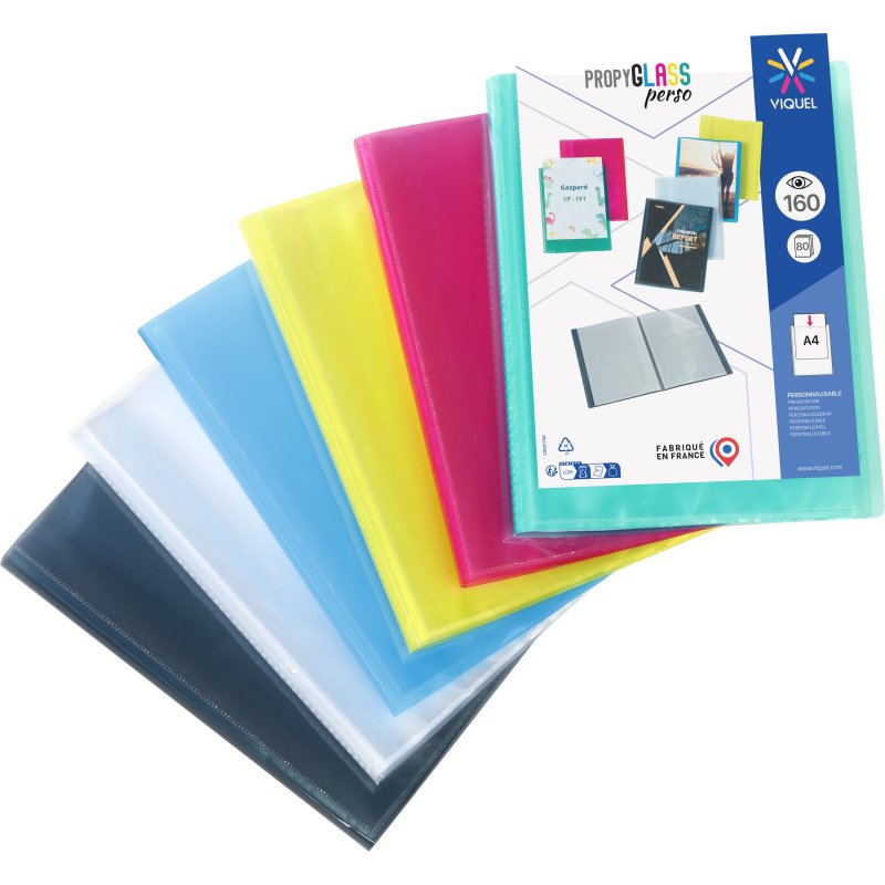 Protège-documents Viquel Propyglass polypropylène translucide personnalisable A4 80 pochettes - 160 vues couleurs assorties
