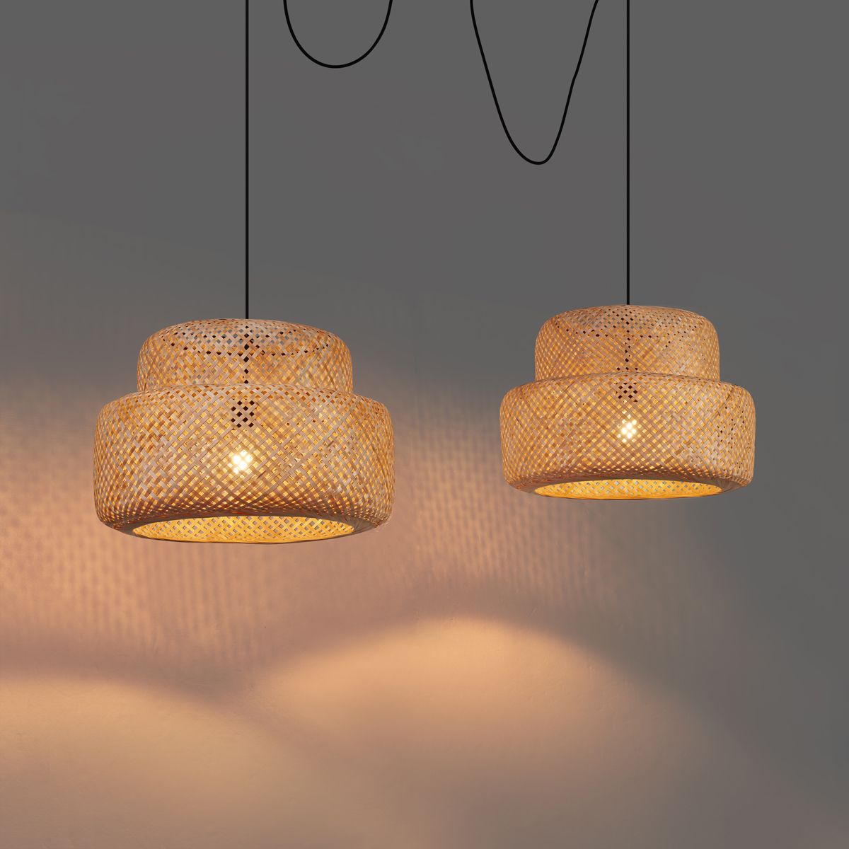Japandi hanglamp zwart met bamboe 2-lichts - Kea