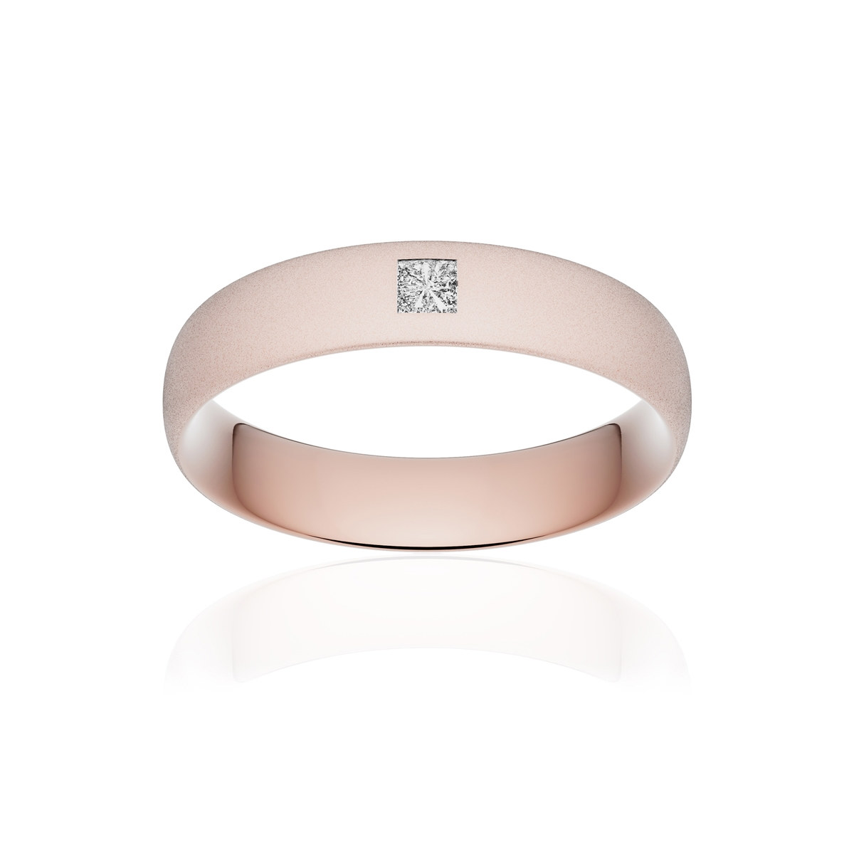 Alliance or 375 rose sablé demi-jonc confort 5mm diamant princesse