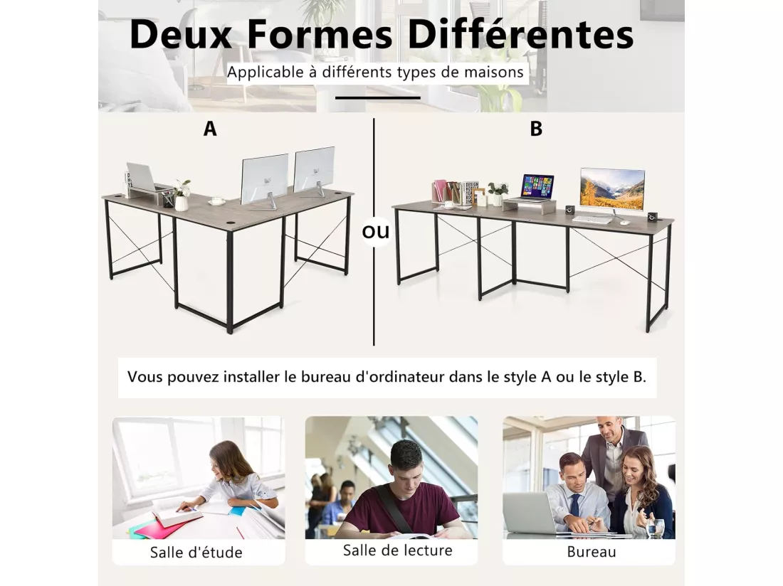 Bureau d'angle en L Réversible avec Support de Moniteur/Poste de Travail Industriel pour 2 Personnes avec 3 Trous de Câble-Assemblage Facile-150 x 150 x 74 CM, Gris