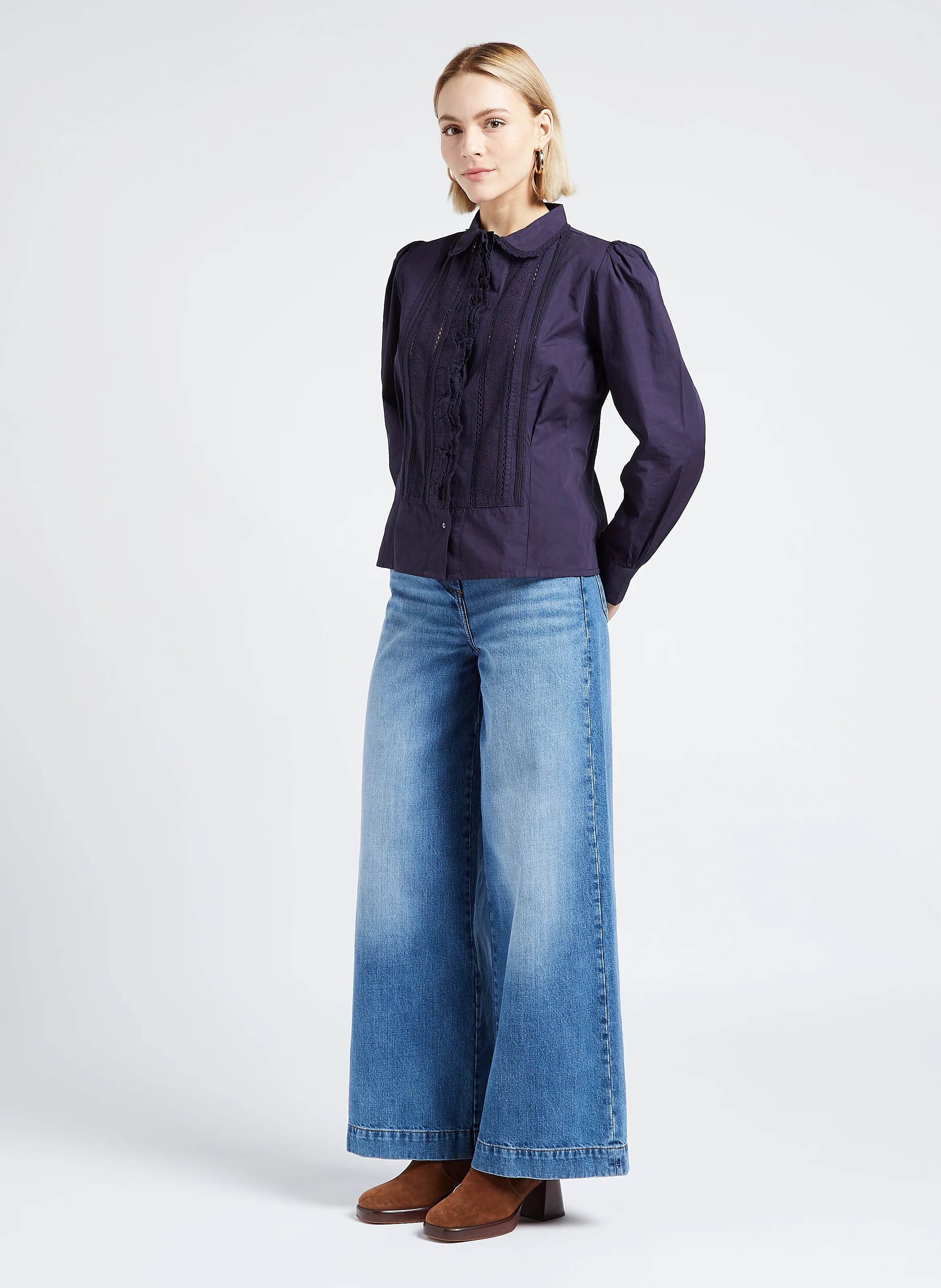 DIANE - Chemise col claudine en popeline de coton| Bleu