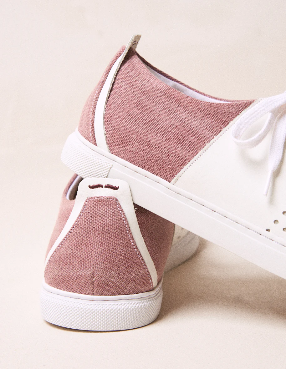 Baskets basses René - Cuir blanc et toile bordeaux