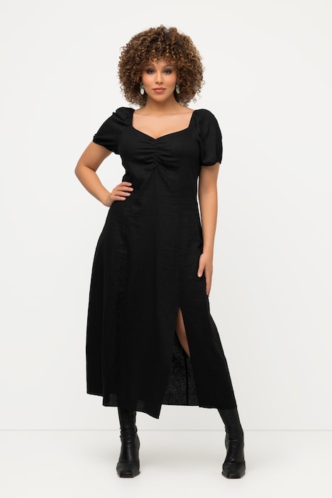 Midikleid, Leinenmix, Smokdetail, Herzausschnitt, Halbarm