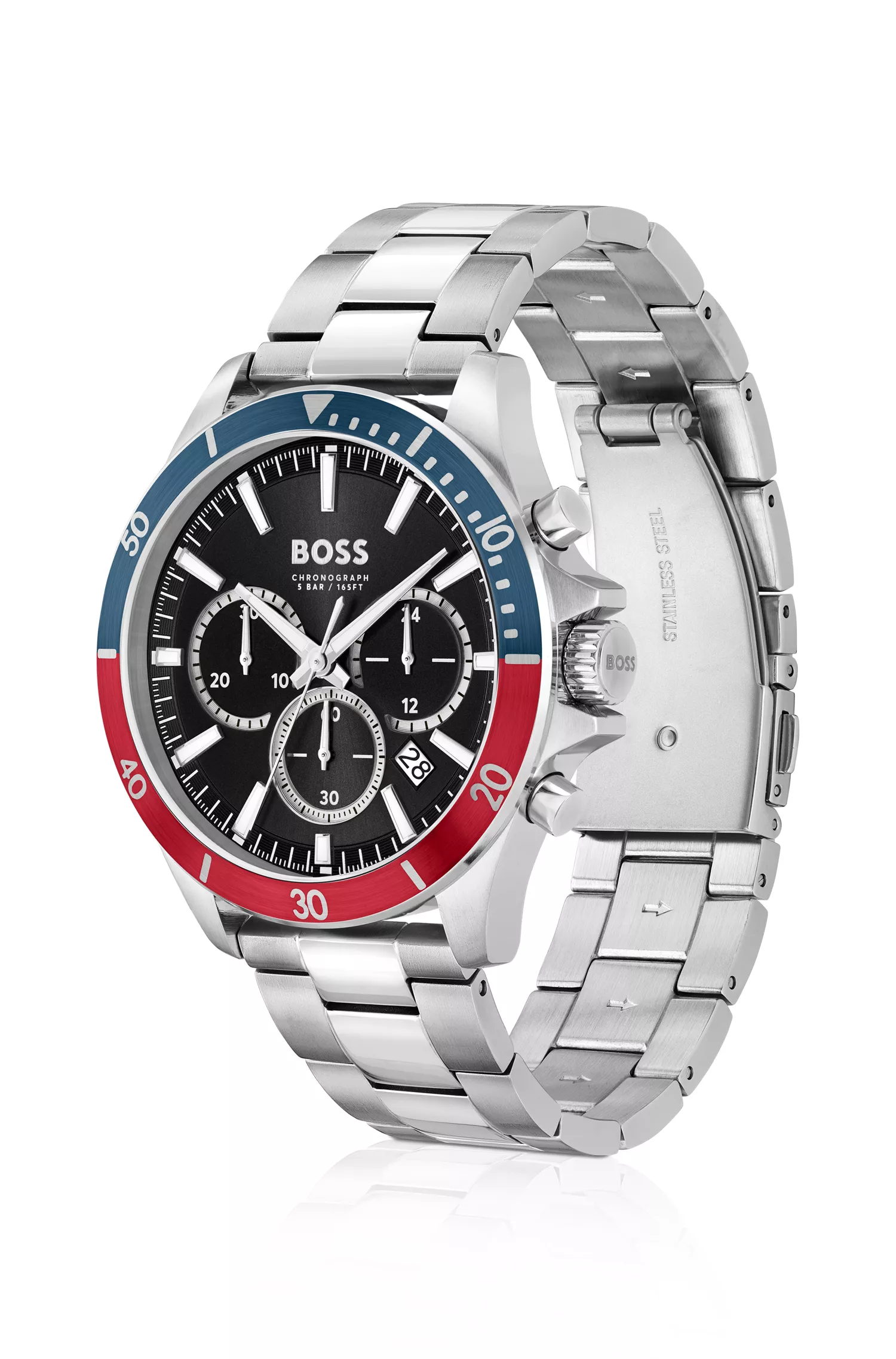 Relógio cronógrafo BOSS com pulseira de elos pretos e bisel bicolor.