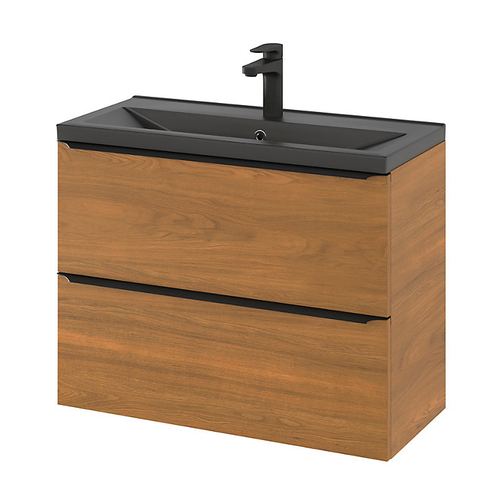 Ensemble salle de bains l.80 cm meuble à suspendre faible profondeur Imandra décor noyer + plan vasque céramique noir