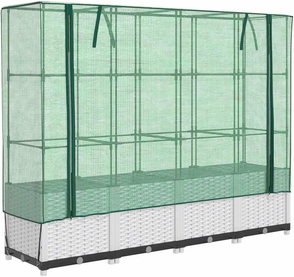 vidaXL Hochbeet mit Gewächshaus-Aufsatz, Pflanzbeet mit Eisenrohr-Rahmen, Gemüsebeet für Garten Terrasse Balkon, Pflanzkasten Frühbeet, Rattan-Optik