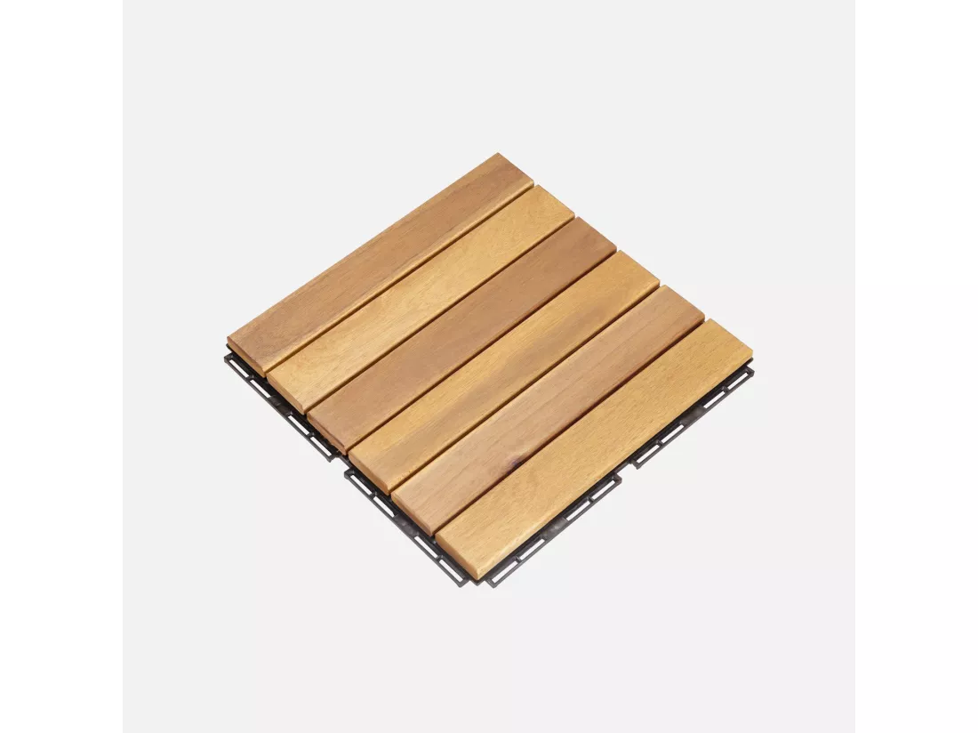 Lot de 36 dalles de terrasses 30x30cm en bois d'acacia. motif linéaire. à lattes. clipsables