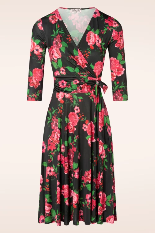 Vintage Chic for Topvintage Aria floral swing jurk in zwart en roze