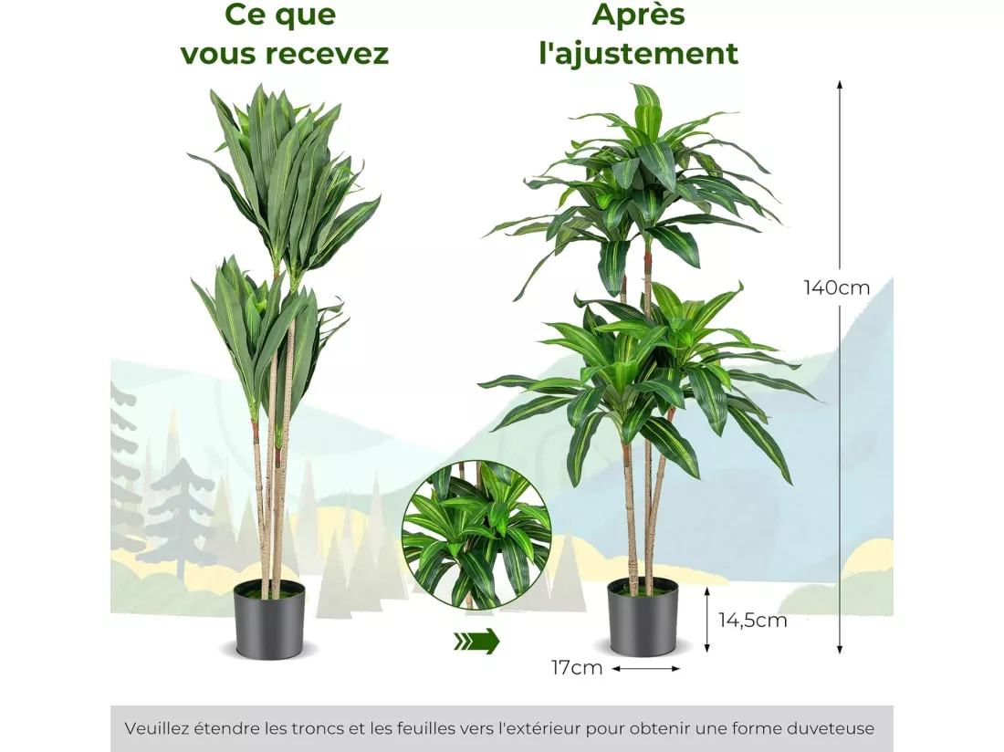 Arbre Artificiel de 140 cm de Haut, Fausse Plante Dracaena avec 92 Feuilles Pot en Ciment Couverture de Mousse, sans Entretien, pour Décoration de Jardin Maison Bureau