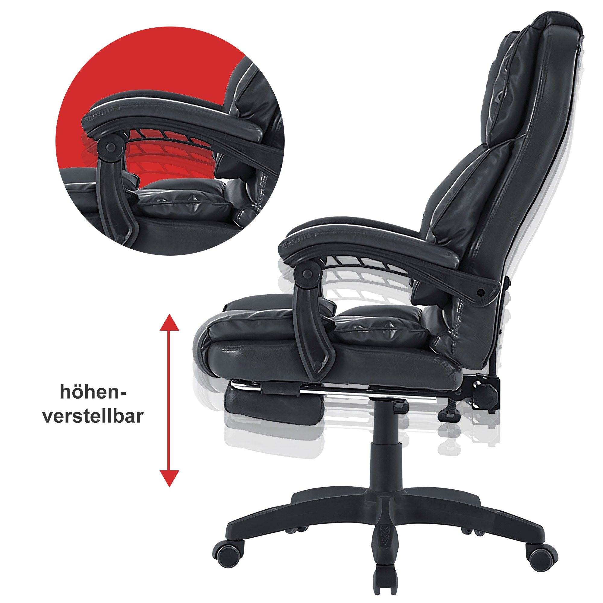 Bürostuhl mit Fußstütze und flexiblen 3-Punkt-Armlehnen - Schreibtischstuhl im Lederoptik-Design - ergonomischer Bürostuhl mit einer verstellbaren Rückenlehne für gesündere Sitzhaltung