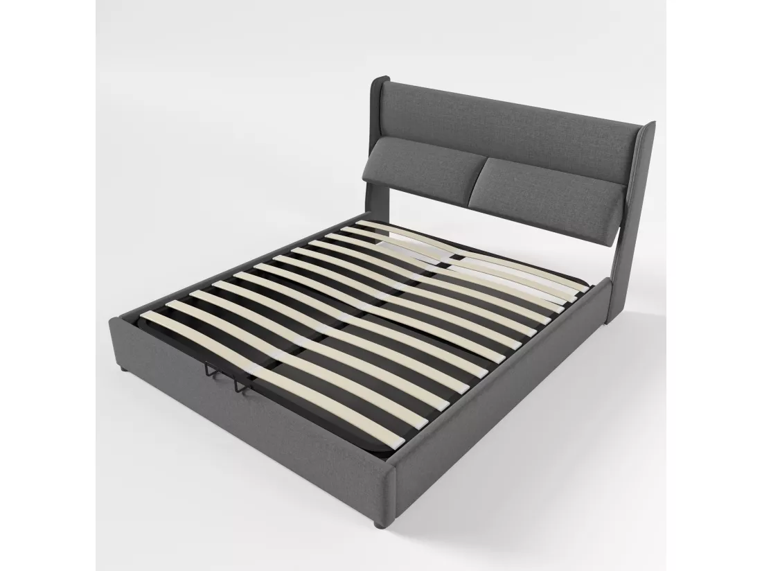 Lit coffre 140x200cm avec tête de lit réglable en tissu de lin - Gris