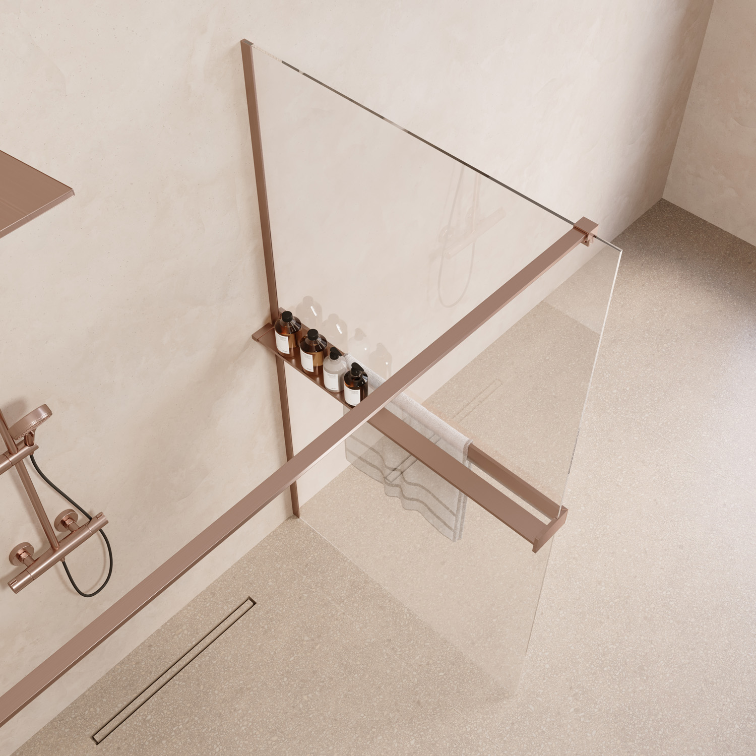 Saniclear Metric inloopdouche 80cm met handdoekhouder en helder glas geborsteld koper