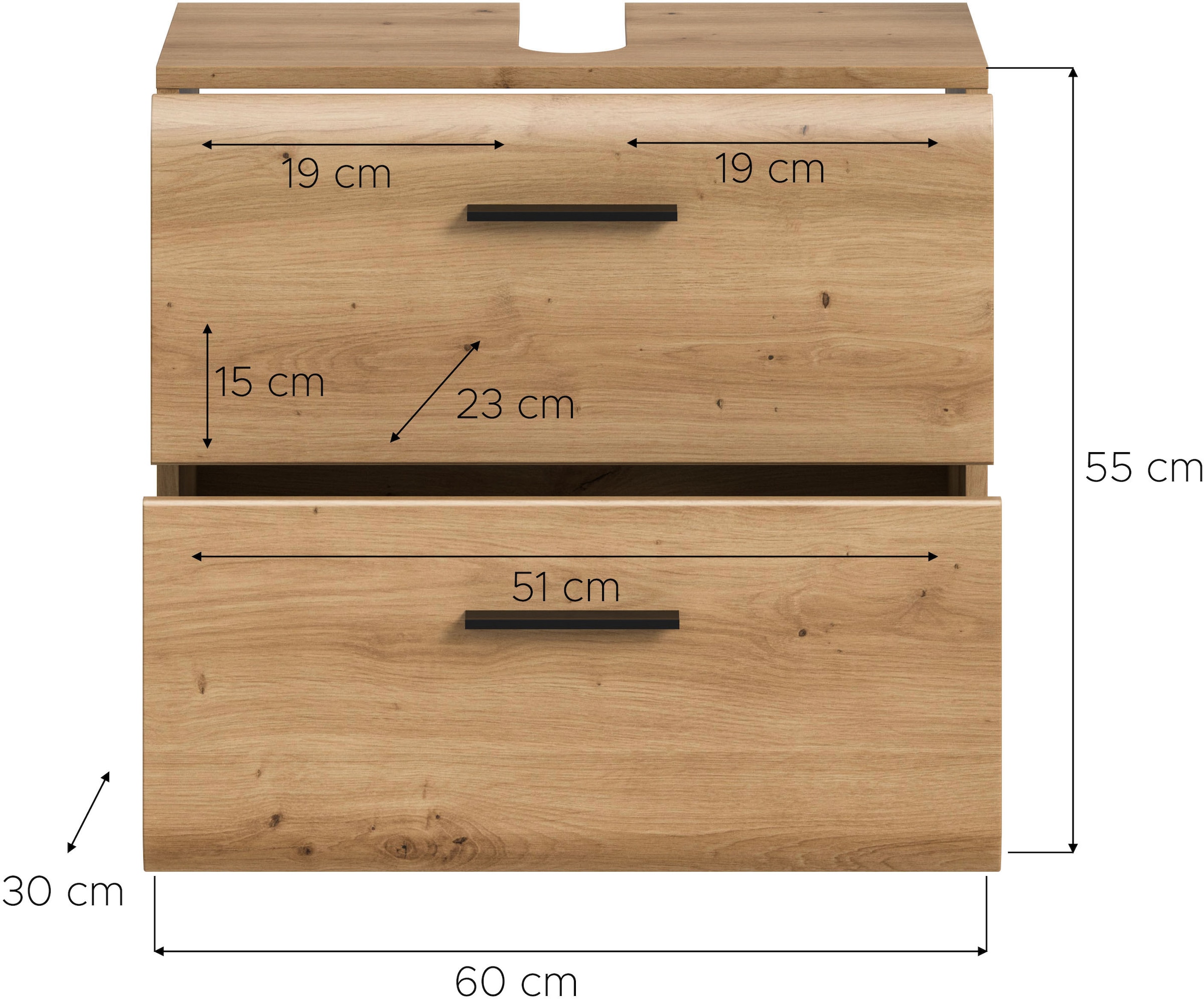 welltime Waschbeckenunterschrank »FLORENZ, TOPSELLER!, Breite 60 cm, 2 Schubkästen,ink. Siphonausschnitt« TOPSELLER!, 1 Stk. tlg. hochwertige MDF Front, Griff schwarz, Badschrank, Bad