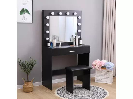 Coiffeuse table de maquillage noire tabouret miroir LED TIGER LILY