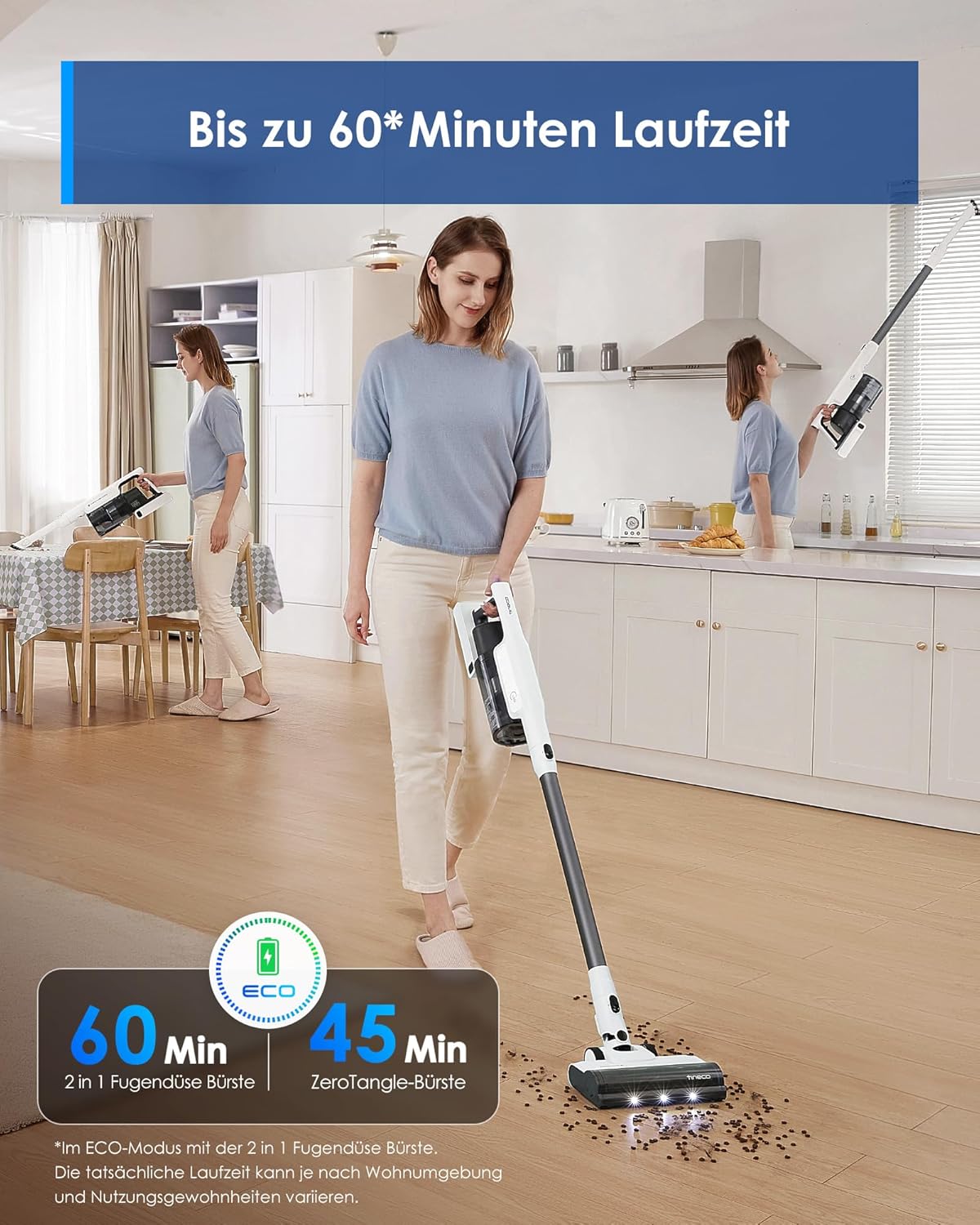 Tineco A30S Akku Staubsauger, Kabelloser Stabstaubsauger 160W 20000pa 60 Min Laufzeit, Handstaubsauger mit 1L Staubbehälter ZeroTangle Bürste für Tierhaare, Akkustaubsauger für Hartböden