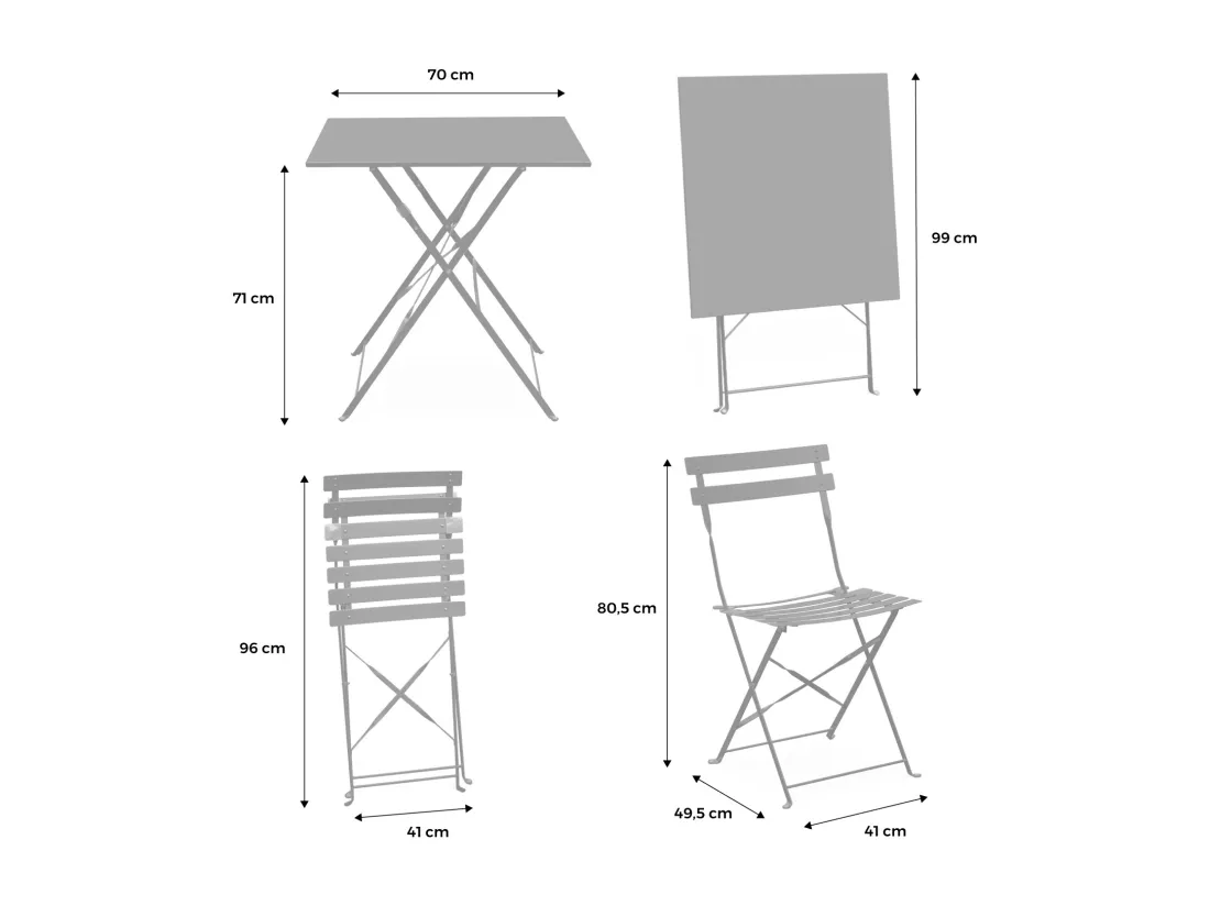 Table de jardin bistrot pliante métal + 2 assises bleu canard 70 x 70cm. acier thermolaqué